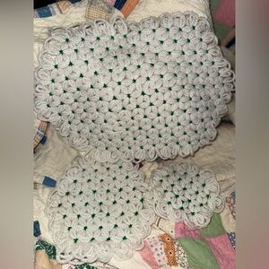 Handmade White and Green Crochet Doily Set